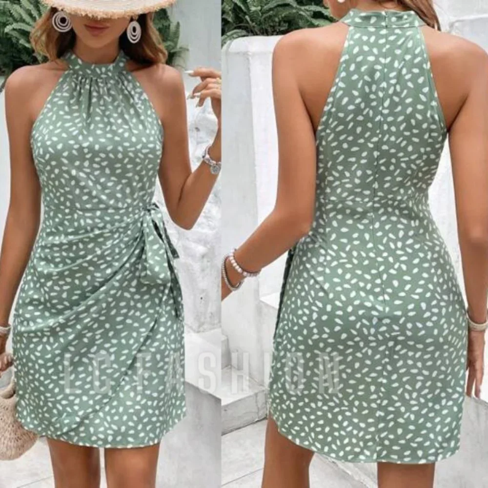 Boho Dress, Allover Print Knot Side Wrap Hem Halter Dress, Summer Dress - Picture 1 of 6